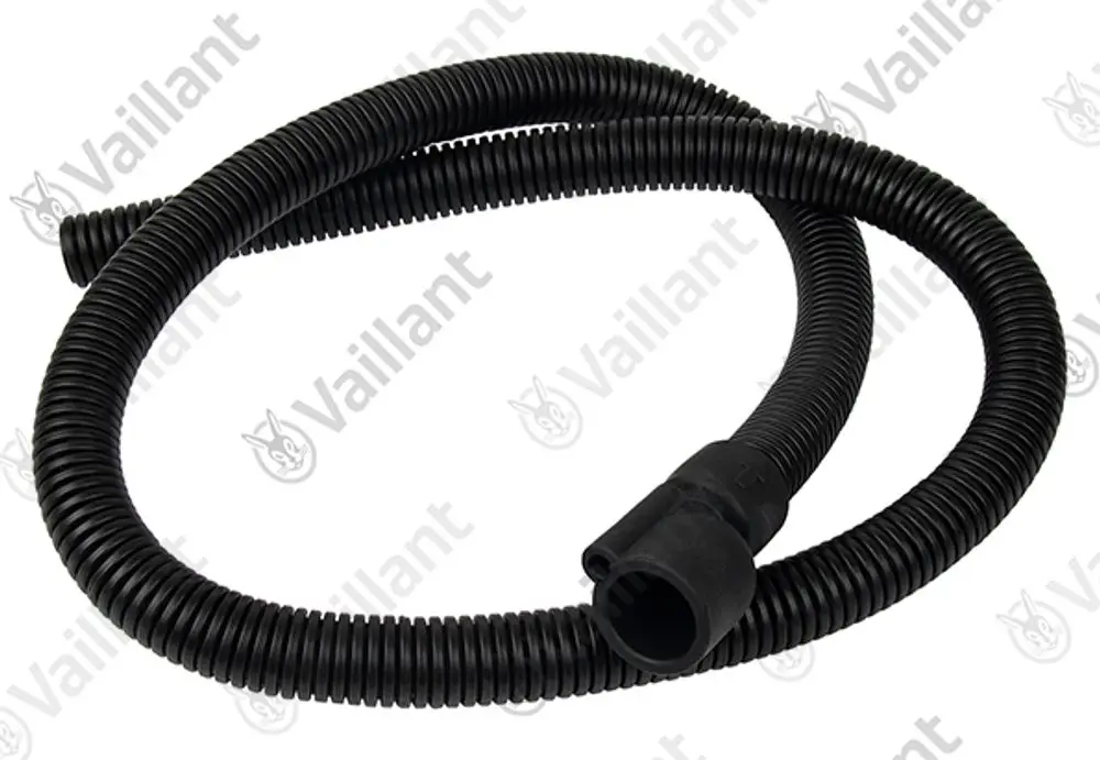 Flexibler, schwarzer Schlauch von Vaillant, spiralisiert, mit einem Anschlussstück an einem Ende. Geeignet für Heizungs- oder Sanitärinstallationen.